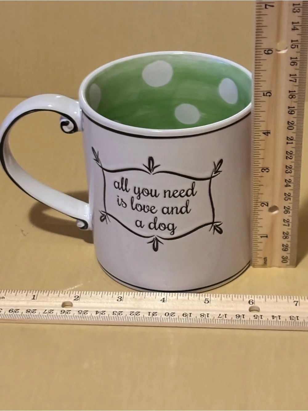 ALL YOU NEED IS LOVE AND A DOG” Large Ceramic Mug. Polka Dots